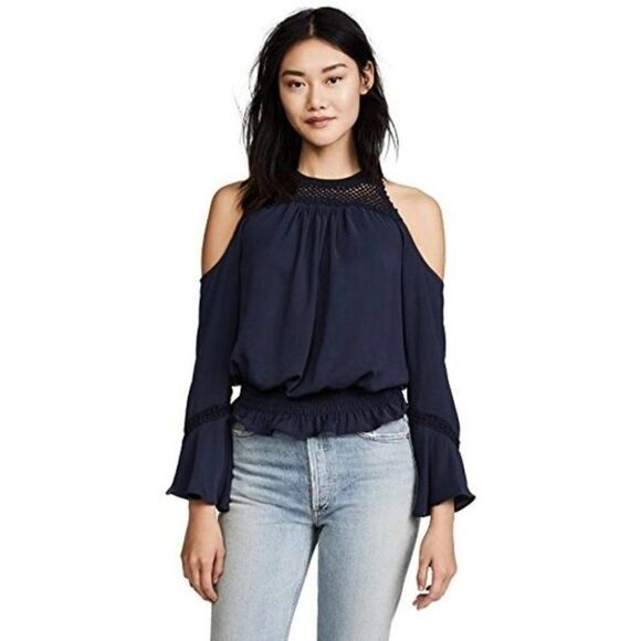 NWT Ramy Brook | Ella Crochet Cold-Shoulder Blouse in Navy - Picture 1 of 14